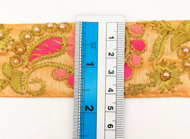 Peach Art Silk Lace Trim, Floral Embroidery in Pink, Fuchsia and Gold